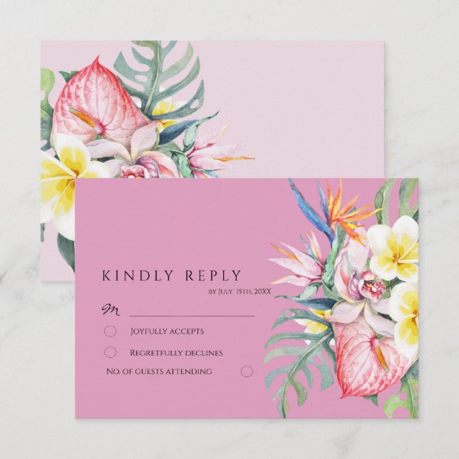 Cartão RSVP Hot Pink Tropical Floral Botanical Wedding (Frente/Verso)