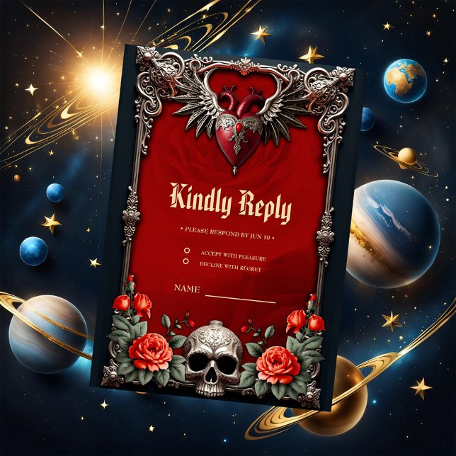 Cartão RSVP Ícone gótico romântico: coração, rosa, crânio. (Criador carregado)