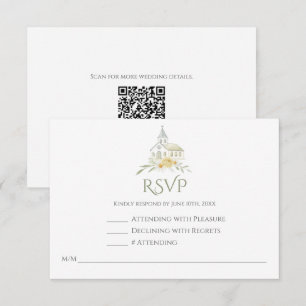 Cartão RSVP Igreja Elegante Floral Aquarela Código QR Casament