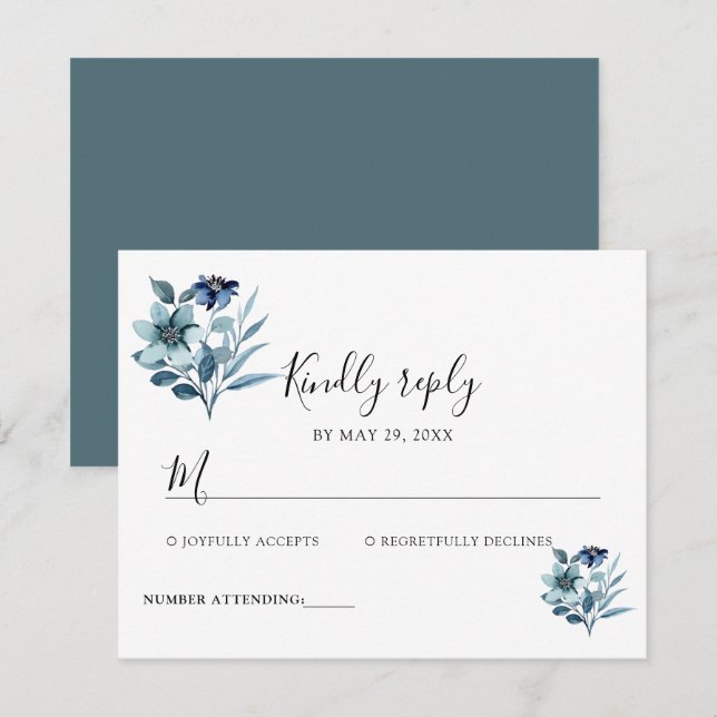 Cartão RSVP Ilustração de Aquarela Rústica com Buquê Floral Az (Frente/Verso)