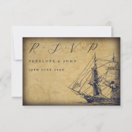 Cartão RSVP Ilustração de Navio de Mapa Vintage Náutico para C