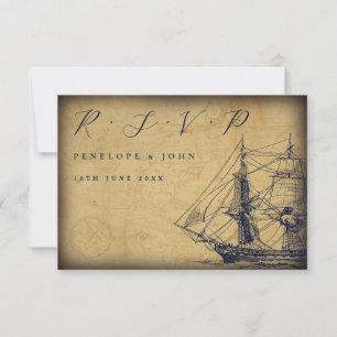 Cartão RSVP Ilustração de Navio de Mapa Vintage Náutico para C