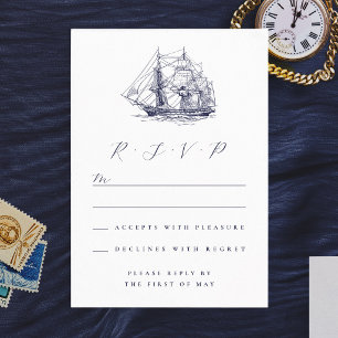 Cartão RSVP Ilustração de Navio Náutico Elegante Casamento