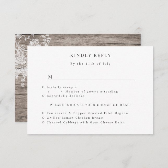 Cartão RSVP Impressão de flor romântica no casamento da madeir (Frente/Verso)