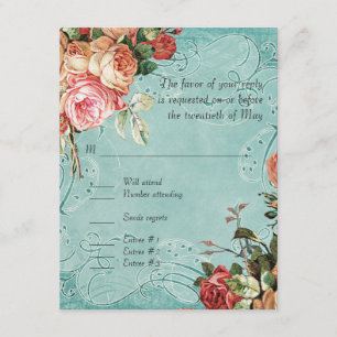 Cartão RSVP Inglês Rose Bouquet, Vintage n Modern Swirl Leaf