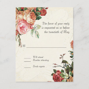Cartão RSVP Inglês Rose Bouquet, Vintage n Modern Swirl Leaf