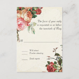 Cartão RSVP Inglês Rose Bouquet, Vintage n Modern Swirl Leaf