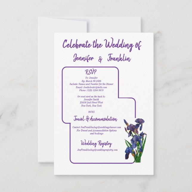 Cartão RSVP Iris Watercolor, com gráfico simples Casamento (Frente)