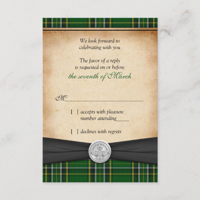 Cartão RSVP Irlandês Tartan Celtic Claddagh Casamento Sortudo  (Frente)