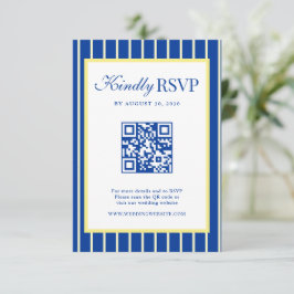 Cartão RSVP Italian Striped Blue & Yellow Wedding QR Code