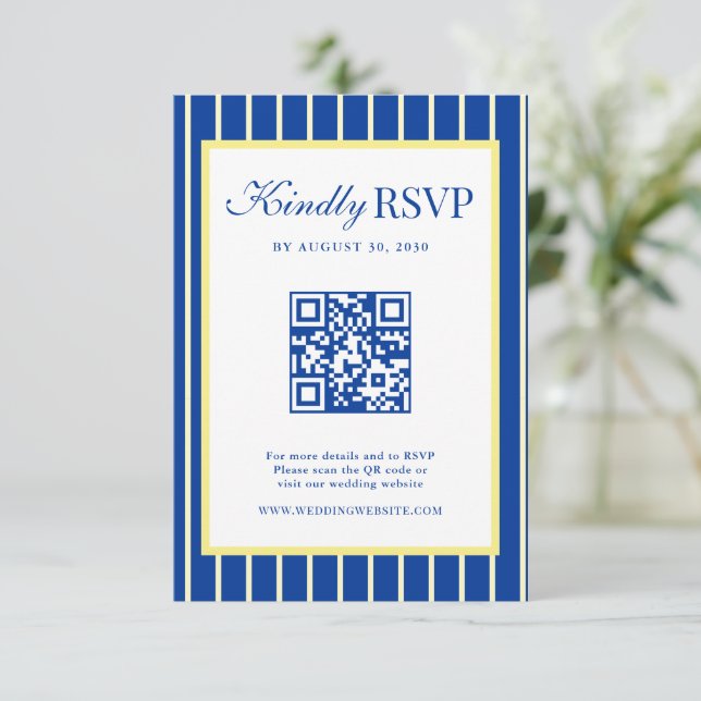 Cartão RSVP Italian Striped Blue & Yellow Wedding QR Code (Em pé/Frente)