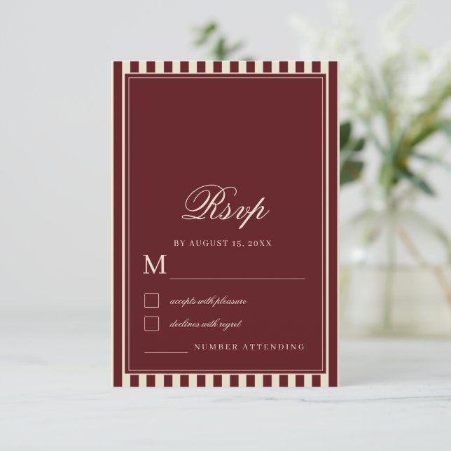 Cartão RSVP Ivory & Burgundy Stripes Border Retro Wedding (Em pé/Frente)