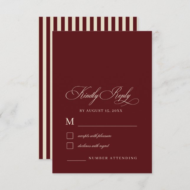 Cartão RSVP Ivory & Burgundy Stripes Retro Old Money Wedding (Frente/Verso)