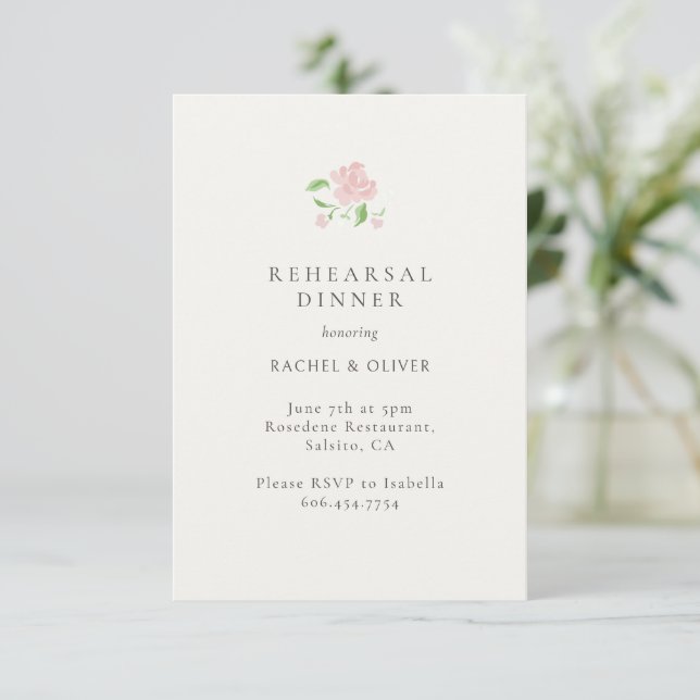 Cartão RSVP Ivory| Floral Rose Wedding Rehearsal Dinner Card (Em pé/Frente)