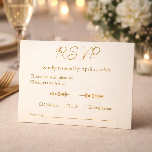 Cartão RSVP Ivory Gold 50th Wedding Anniversary Response Card (A warm dinner setting showcasing the RSVP card in an elegant event atmosphere.)