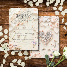 Cartão RSVP Ivory Lace Heart Floral Romantic Spring Wedding