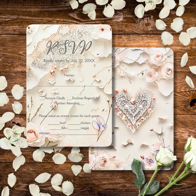 Cartão RSVP Ivory Lace Heart Floral Romantic Spring Wedding (Criador carregado)