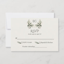 Cartão RSVP Ivory Olive Branch Monogram Wedding