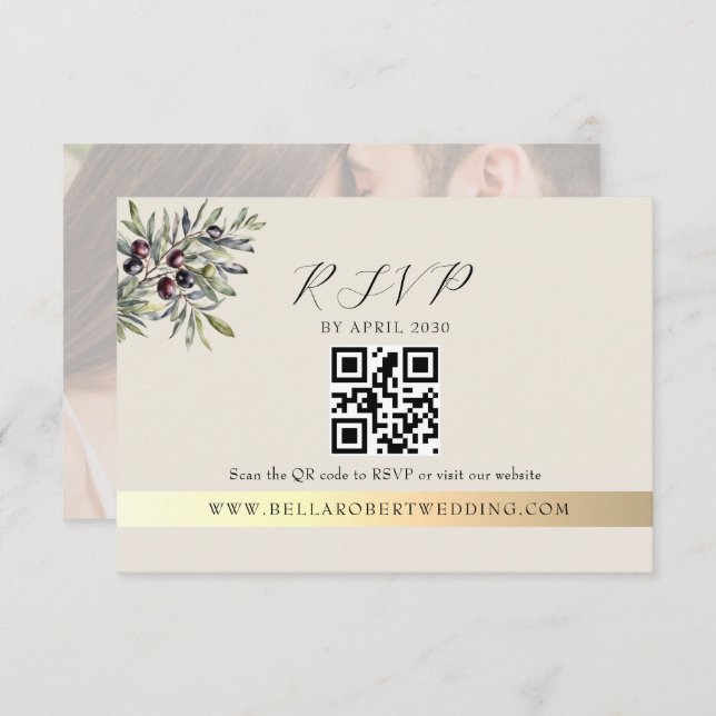 Cartão RSVP Ivory Olive Photo QR Wedding (Frente/Verso)