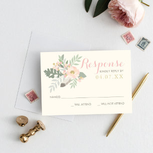Cartão RSVP Ivory Pink e Dourado Boho Floral