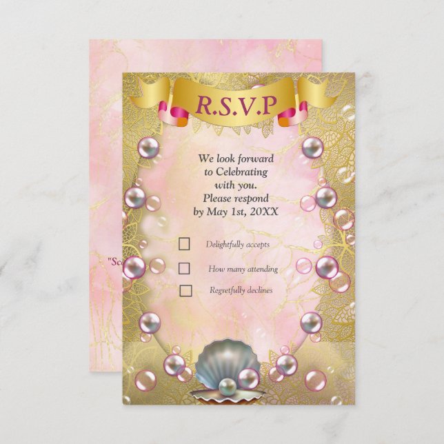 Cartão RSVP Ivory Silk, Dourados rendas e pérolas e mármore (Frente/Verso)