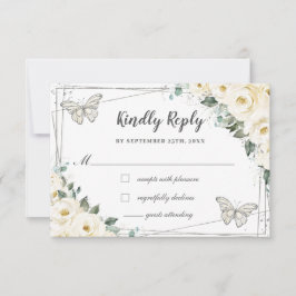 Cartão RSVP Ivory White Floral Prata Quinceañera Borboletas 