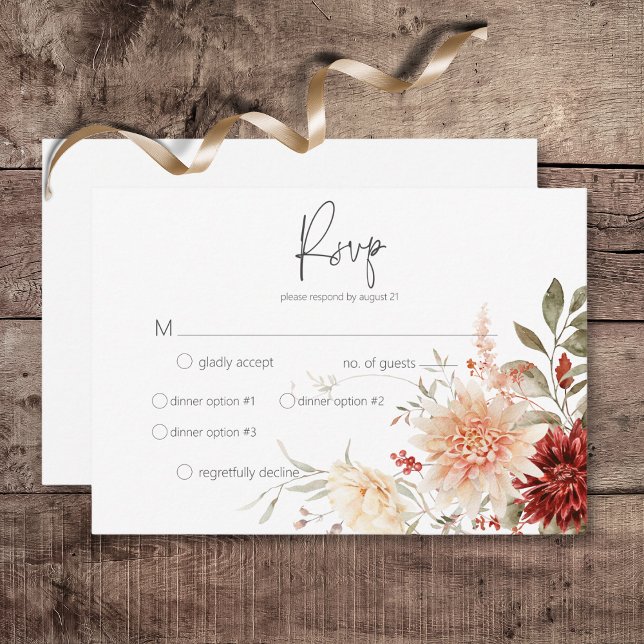 Cartão RSVP Janta Floral de Boho com queda picante (Spicy Fall Rust & Blush Boho Floral Wedding Response Card with Dinner Options)