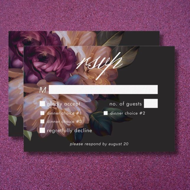 Cartão RSVP Janta sobre o Casamento Floral de Moody Black Eleg (Elegant Black Moody Floral Wedding Three Dinner RSVP Card)