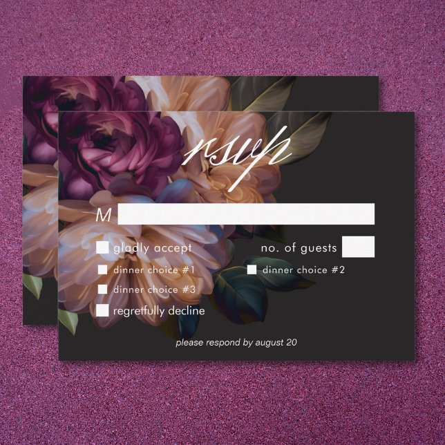 Cartão RSVP Janta sobre o Casamento Floral de Moody Black Eleg (Elegant Black Moody Floral Wedding Three Dinner RSVP Card)
