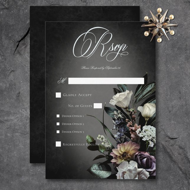 Cartão RSVP Janto Blur Floral Misterioso Sem Muda Gótico Escur (Dark Gothic Mysterious Muted Floral Blur Dinner RSVP Card)