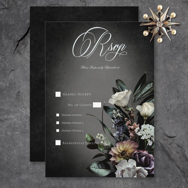 Cartão RSVP Janto Blur Floral Misterioso Sem Muda Gótico Escur (Dark Gothic Mysterious Muted Floral Blur Dinner RSVP Card)
