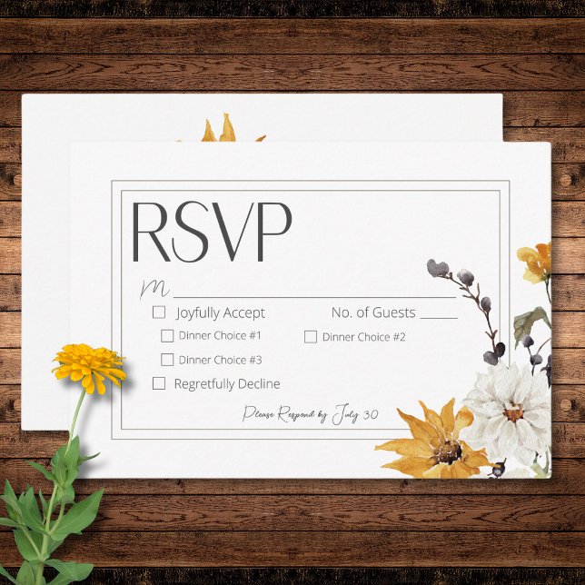 Cartão RSVP Janto Branco das Flores Amarelas do Ouro Boho (Boho Golden Yellow Meadow Flowers White Dinner RSVP Card)