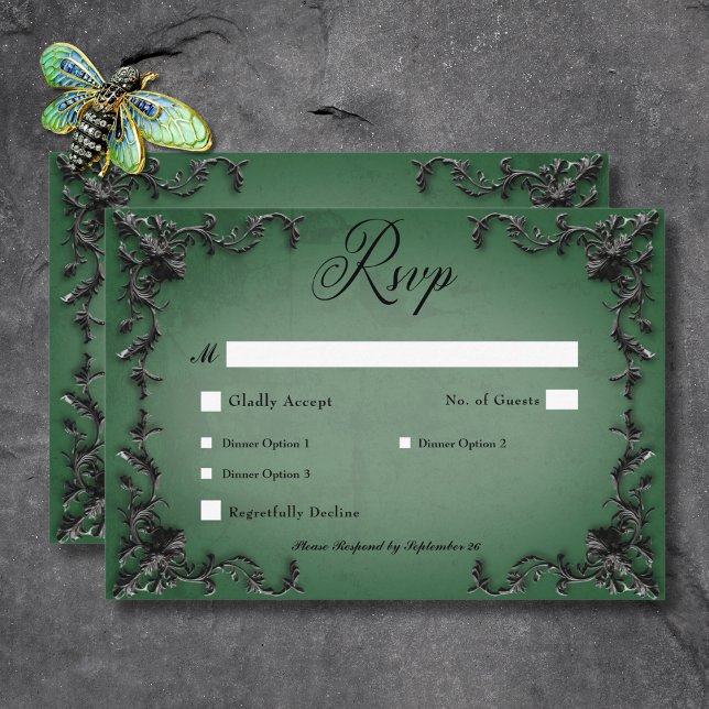 Cartão RSVP Janto Cardíaco Negro e Verde Gótico (Gothic Black & Green Filigree Heart Dinner RSVP Card)