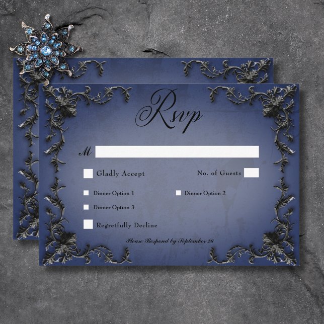Cartão RSVP Janto Cardíaco Preto e Azul Filigrão Gótico (Gothic Black & Blue Filigree Heart Dinner RSVP Card)