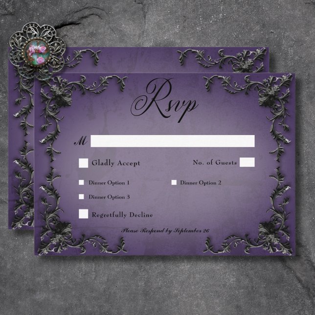 Cartão RSVP Janto Cardíaco Preto e Roxo (Gothic Black & Purple Filigree Heart Dinner RSVP Card)