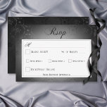 Cartão RSVP Janto Casamento tema damasco Preto Escuro Vintage<br><div class="desc">Assuma o misterioso prazer do seu dia especial com esta design inspirada na vintage. Este simples e elegante cartão de resposta de casamento com opções de janto design apresenta um fundo de preto na seda de damasco preto. O texto aparece sobre uma cobertura oval branca macia, dando ao convite uma...</div>