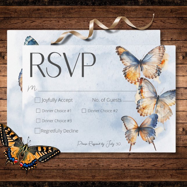 Cartão RSVP Janto de Borboletas de Aquarela Azul e Ferrugem (Modern Blue & Rust Watercolor Butterflies Dinner RSVP Card)