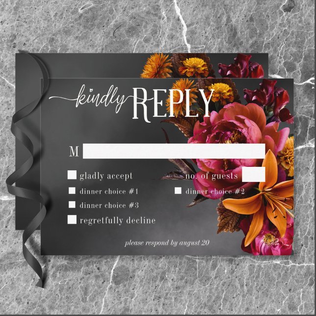 Cartão RSVP Janto de Casamento Black Moody Gothic Orange Lily (Black Moody Gothic Orange Lily Wedding Dinner RSVP Card)