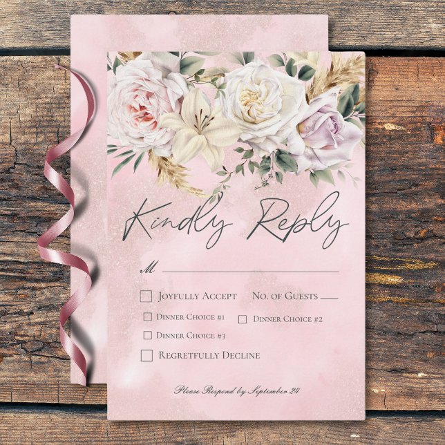 Cartão RSVP Janto de Casamento Boho Pampas e Rosas Rosa (Boho Pampas & Pink Roses Wedding Dinner RSVP Card)