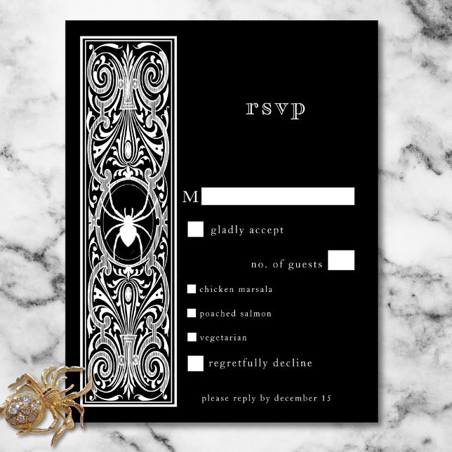 Cartão RSVP Janto de Casamento Branco Negro de Aranha-Gótica (Gothic Spooky Spider Black White Wedding Dinner RSVP Card)