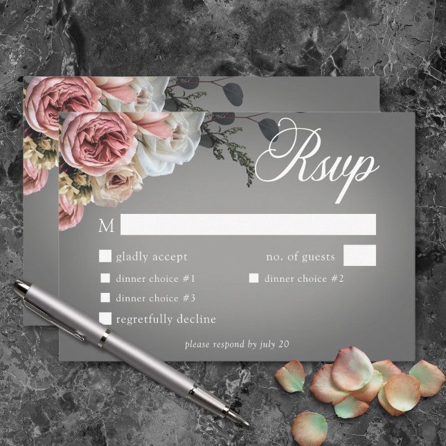 Cartão RSVP Janto de Casamento de Cinza Floral Branca Elegante (Elegant Pink White Floral Rose Gray Wedding Dinner RSVP Card)
