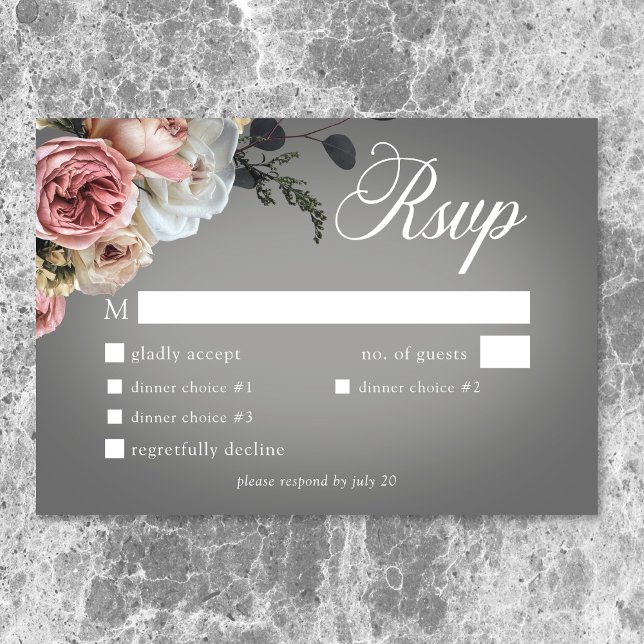 Cartão RSVP Janto de Casamento de Cinza Floral Branca Elegante (Elegant Pink White Floral Rose Gray Wedding Dinner RSVP Card)