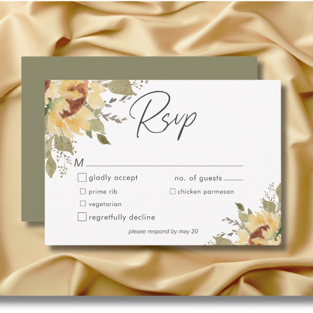 Cartão RSVP Janto de Casamento de Flores Solares, Grande Boho  (Soft Rustic Large Boho Sunflowers Wedding Dinner RSVP Card)