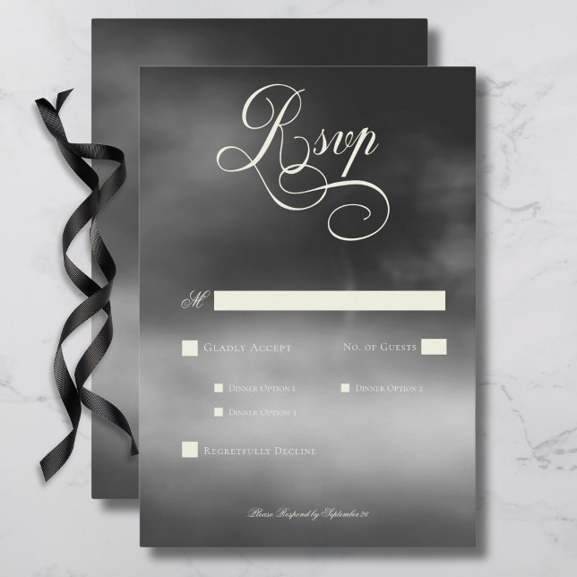 Cartão RSVP Janto de Casamento de Neve Negra da Meia-Noite Esc (Dark Moody Midnight Black Fog Wedding Dinner RSVP Card)