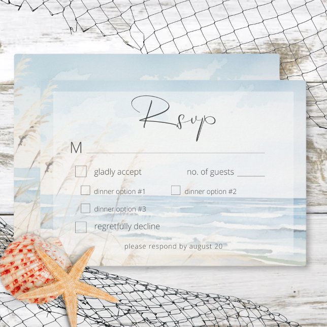 Cartão RSVP Janto de Casamento de Praia da Aquarela Moderna em (Modern Seaside Watercolor Beach Wedding Dinner RSVP Card)