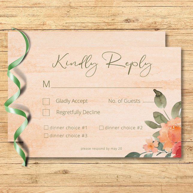 Cartão RSVP Janto de Casamento de Rosas de Pêssego Amarelo-Rus (Rustic Yellow Orange & Peach Roses Wedding Dinner RSVP Card)