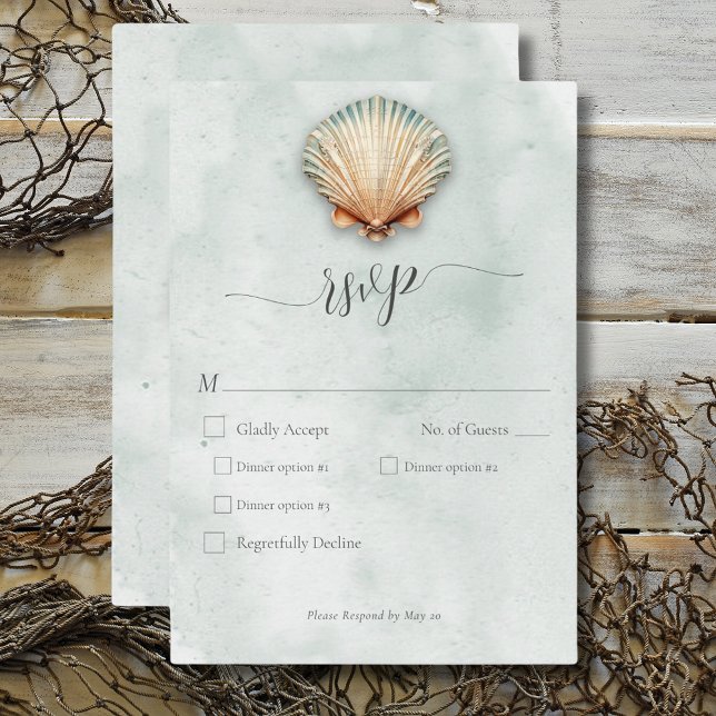 Cartão RSVP Janto de Casamento de Seashell Aqua na Costa Moder (Modern Coastal Seashell Aqua Wedding Dinner RSVP Card)
