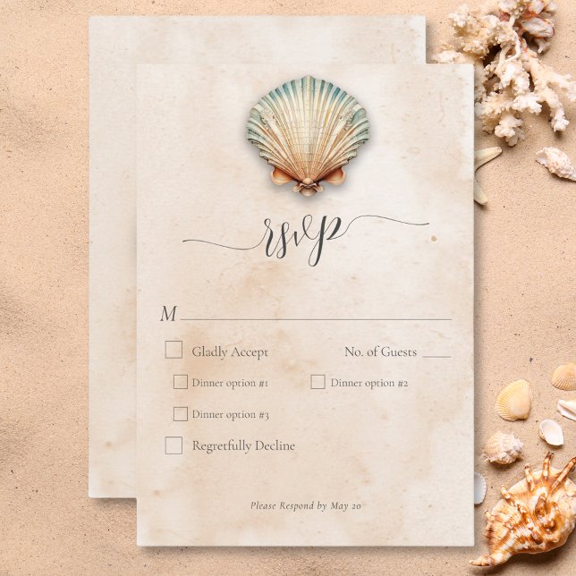 Cartão RSVP Janto de Casamento de Seashell Costeiro Moderno (Modern Coastal Seashell Sand Wedding Dinner RSVP Card)