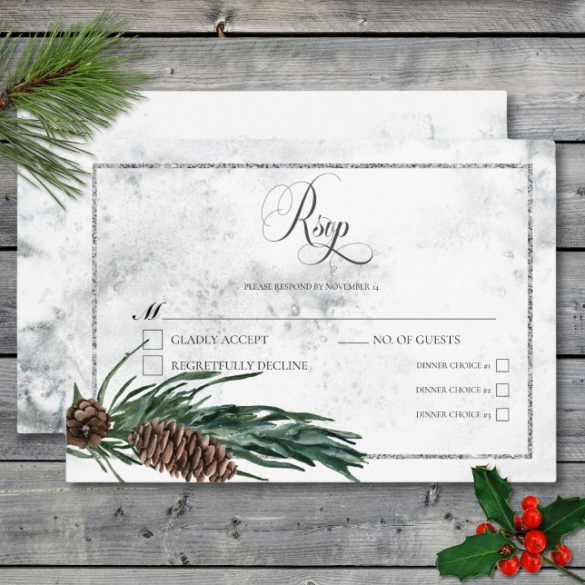 Cartão RSVP Janto de Casamento de Wreath e Red Cardinal (Winter Wreath & Red Cardinal Wedding Dinner RSVP Card)