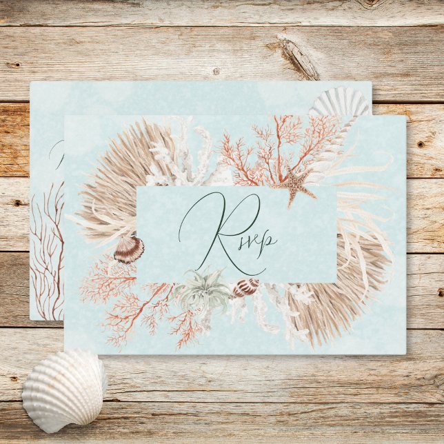 Cartão RSVP Janto de Casamento do Oceano Aqua Moderno (Modern Aqua Ocean Shells Wedding Dinner RSVP Card)